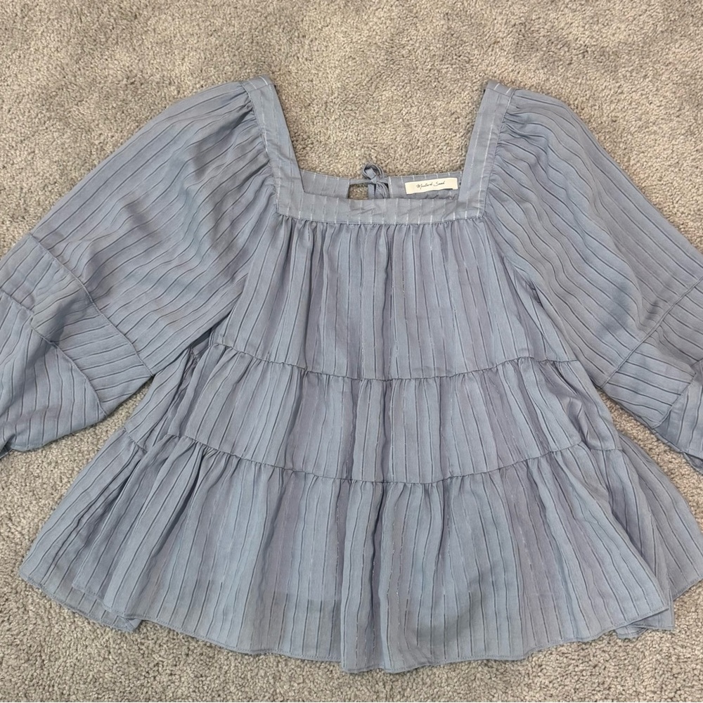 Mustard Seed Light Blue Pleated Blouse